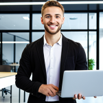 **E-commerce Professional Success:** A young entrepreneur confidently standing in front of a modern office space, laptop in hand, smiling. Showcase a diverse team collaborating in the background. The overall feel is bright, successful, and digitally driven.