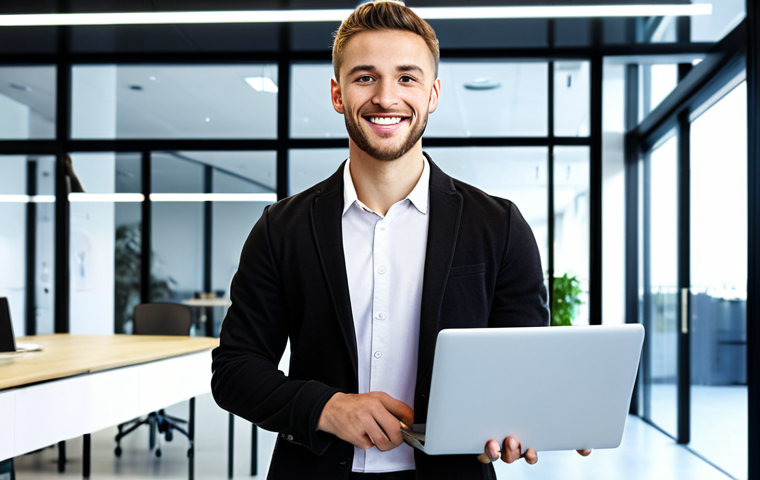 **E-commerce Professional Success:** A young entrepreneur confidently standing in front of a modern office space, laptop in hand, smiling. Showcase a diverse team collaborating in the background. The overall feel is bright, successful, and digitally driven.
